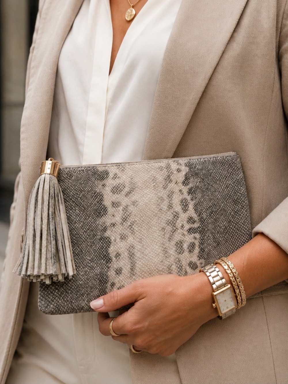G.I.L.I Women's Gray Ivory Python Snakeskin Leather Tassel Clutch Bag